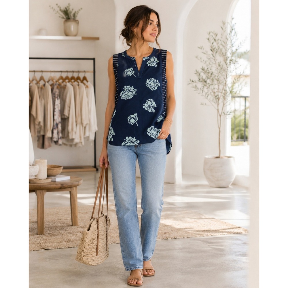 J.Crew Floral Mixed Print Sleeveless Blouse Navy Blue Size 6 Casual Workwear